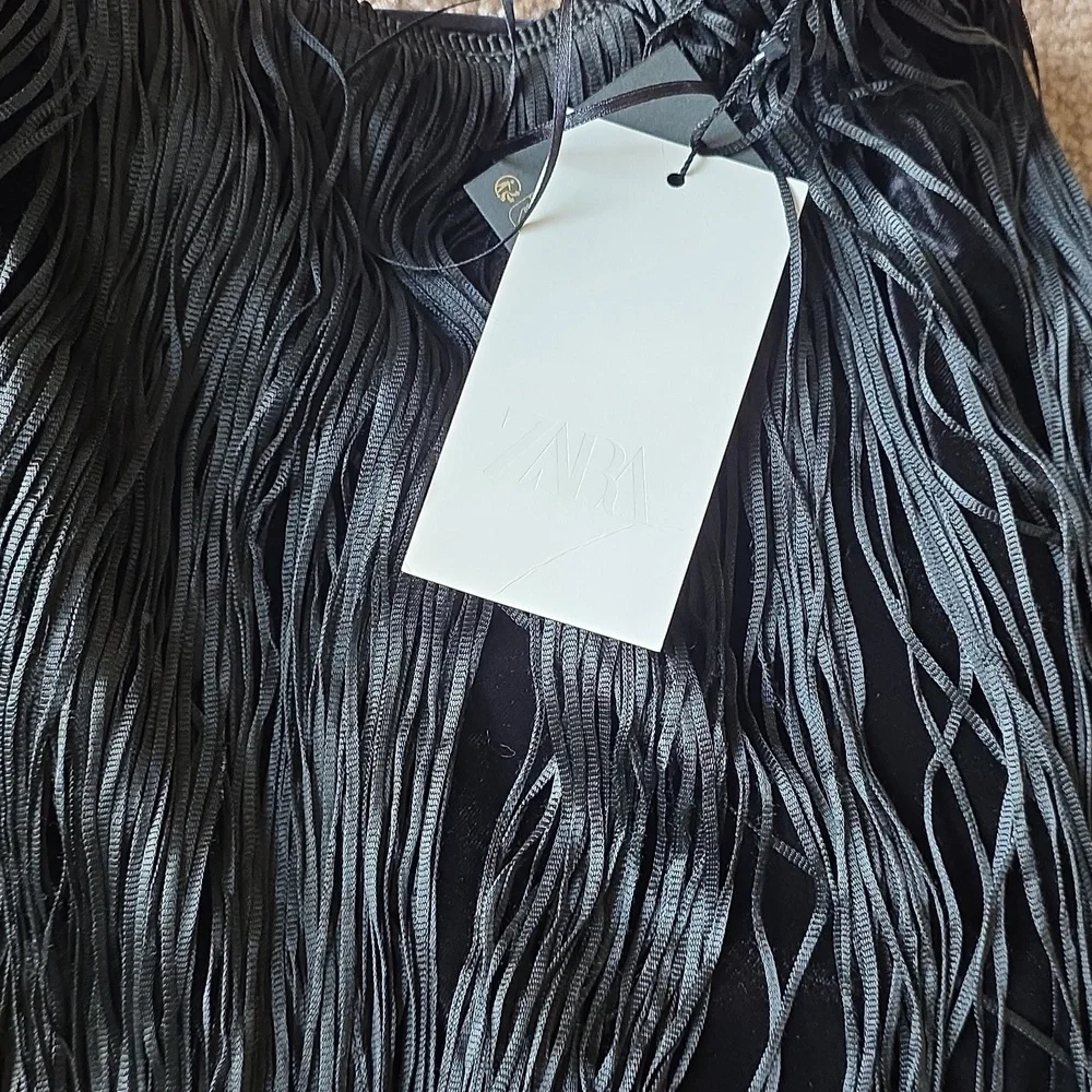 ZARA Fringed Velvet Halter Top Black Size XS S